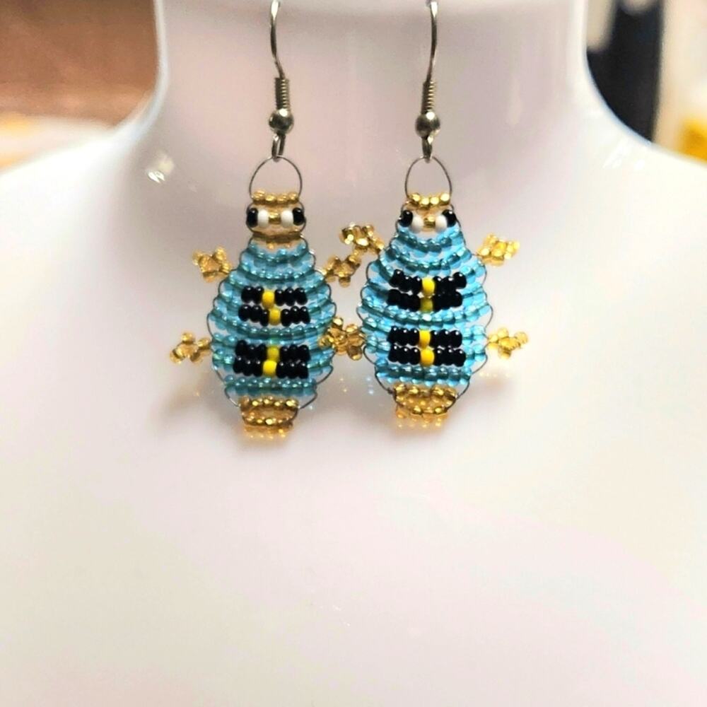 Handcrafted Beaded Blue and Gold Bug Earrings